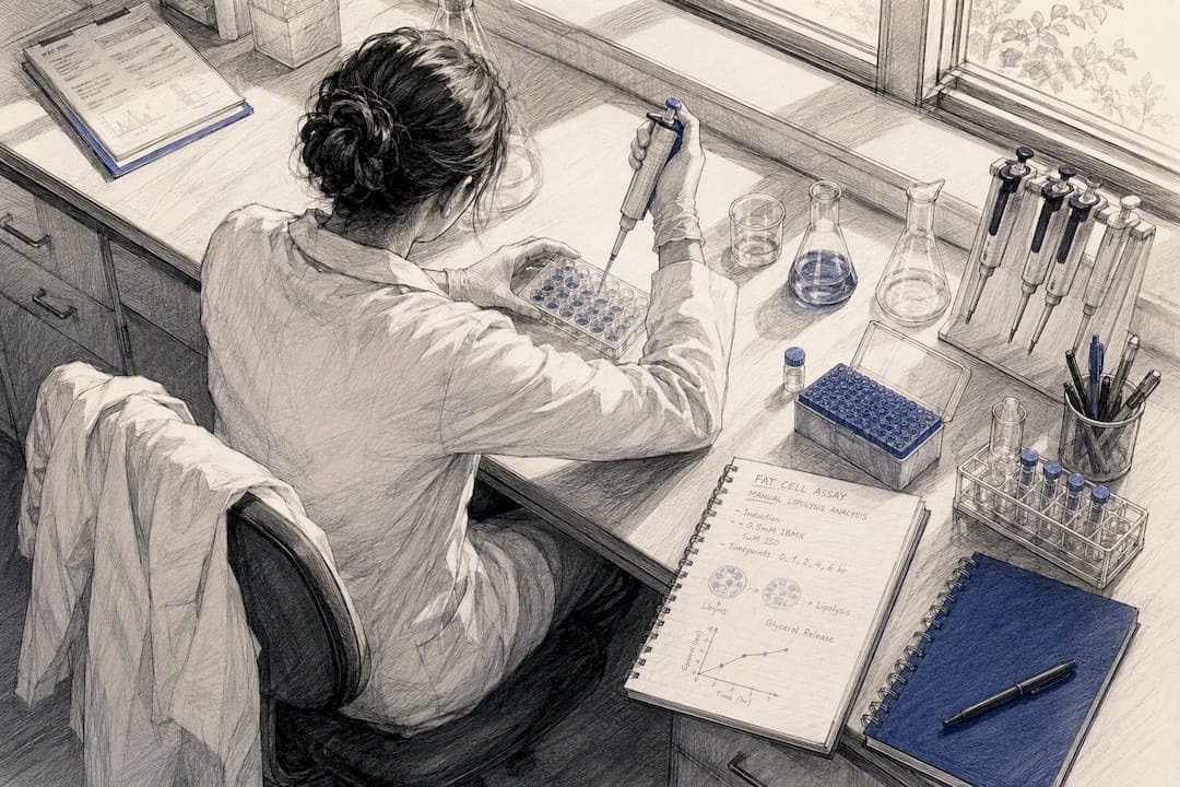 Researcher pipetting fat cell assay
