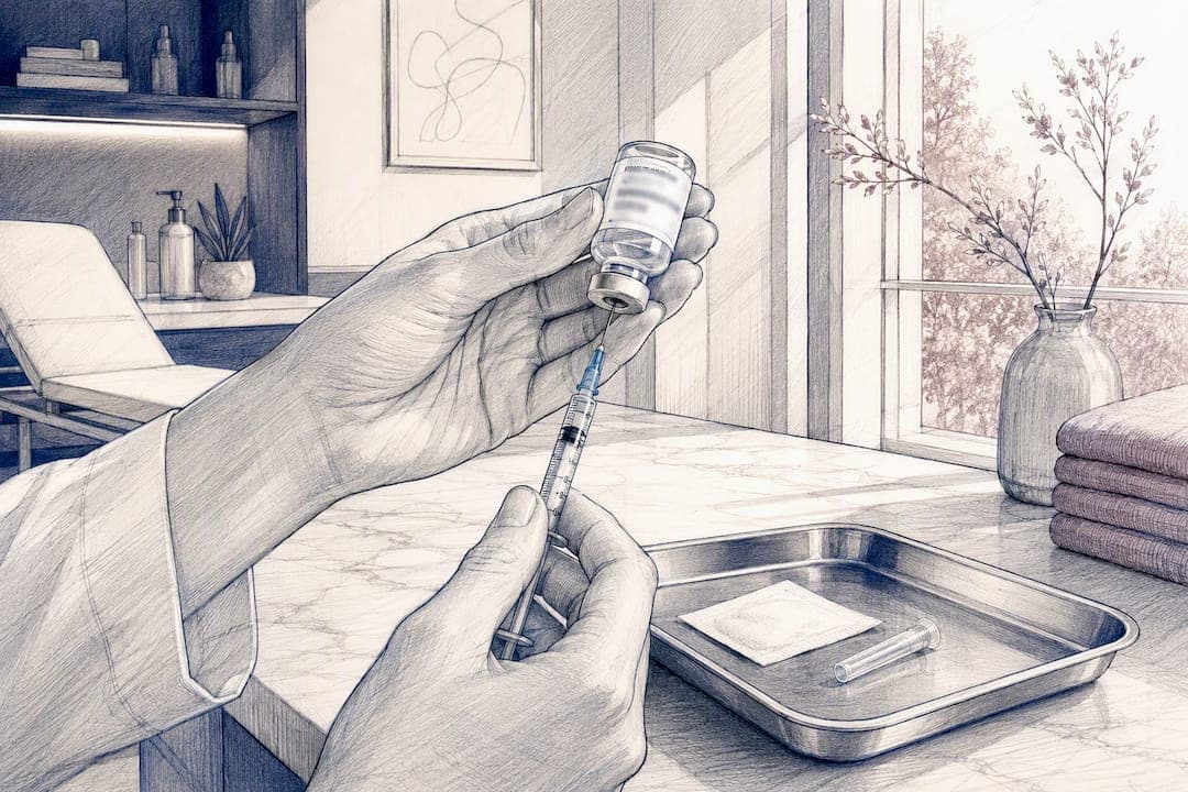 Hands drawing peptide solution into syringe