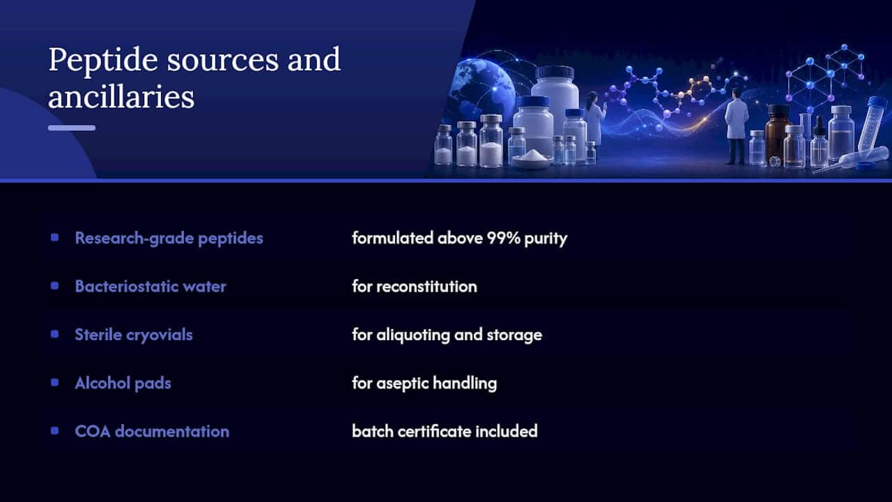 Where to find research-grade peptides and the ancillaries to store them properly — overview diagram