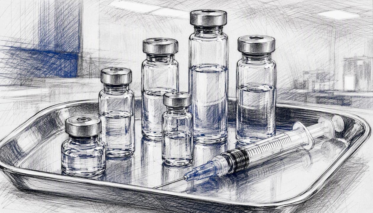 Peptide vials and syringe on clinical tray