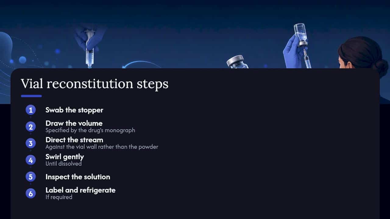 Diagram of bacteriostatic water reconstitution steps