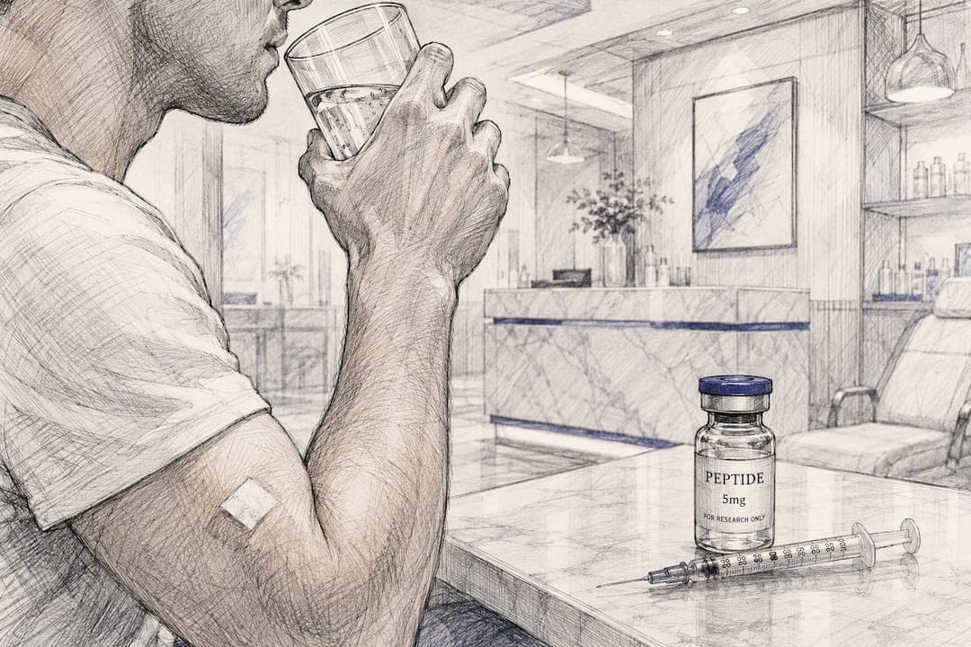 Person drinking water after peptide injection