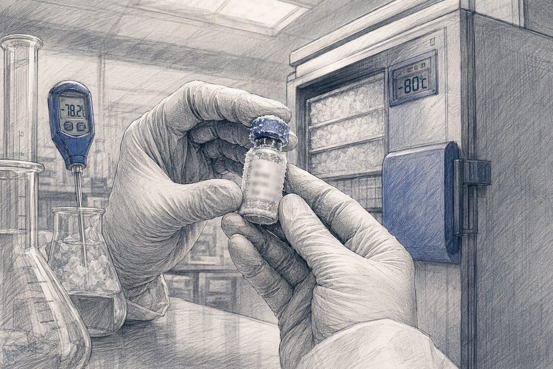 Peptide vial in lab stability testing environment