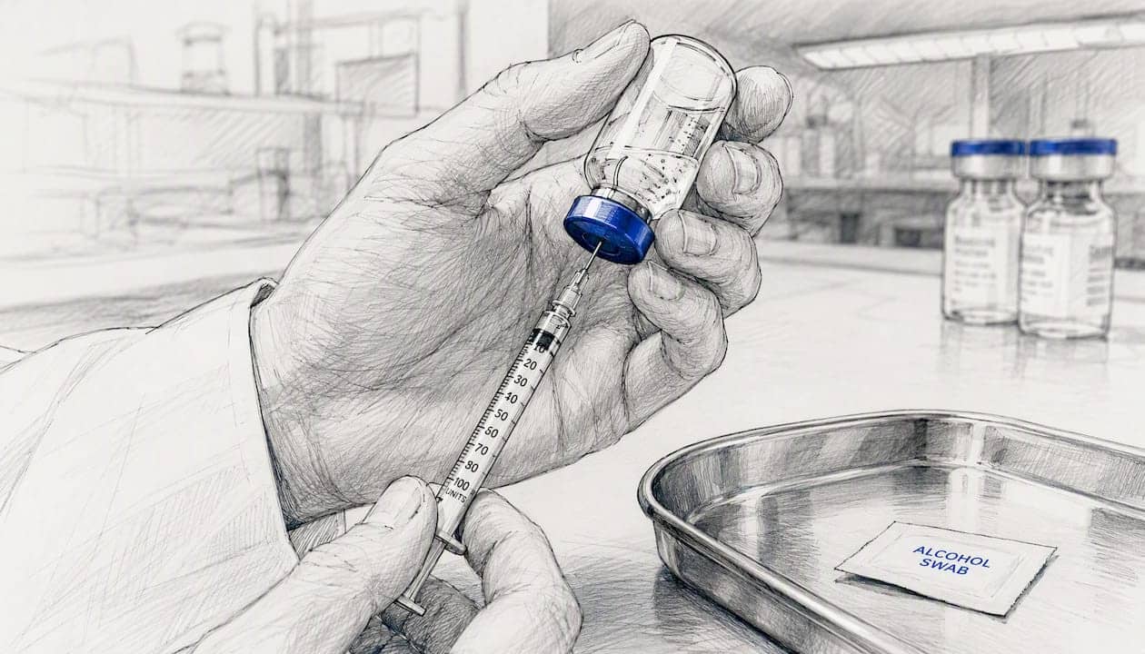 Hands reconstituting peptide vial with syringe