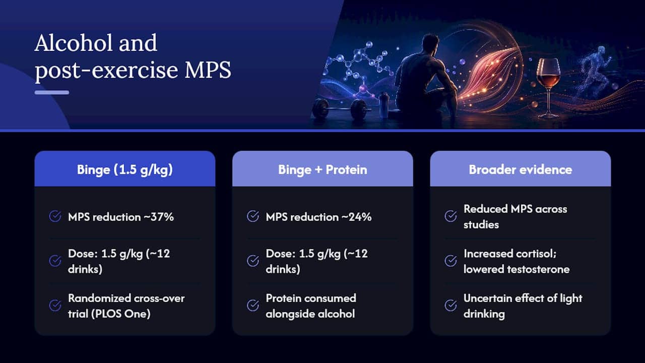 What human research shows about alcohol, muscle protein synthesis and recovery — overview diagram