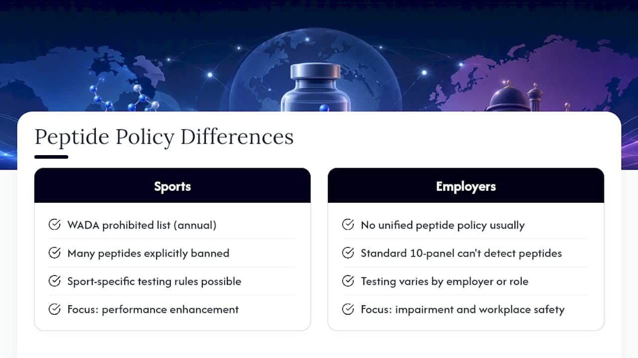 How do sports bodies and employers differ on peptide policy? — overview diagram