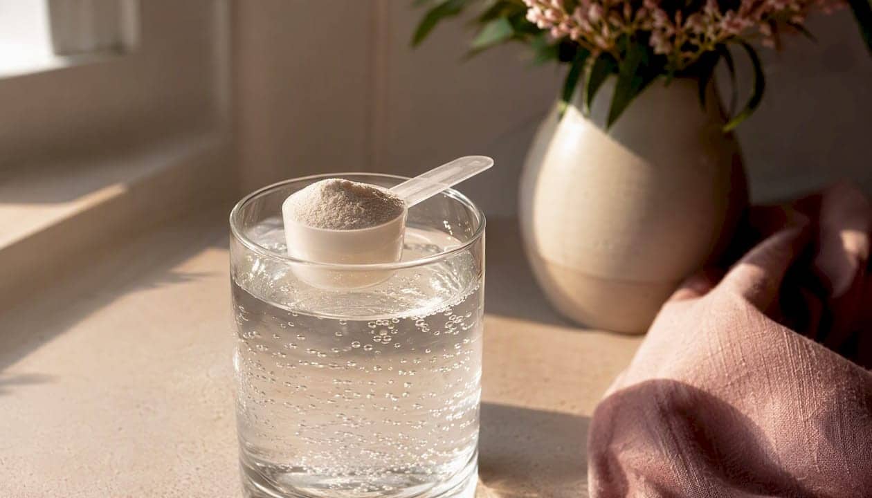 Scoop of oral collagen powder over glass
