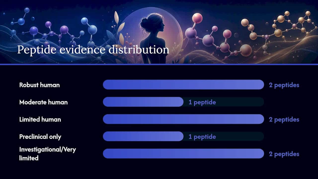 Diagram summarizing menopause peptides, effects, evidence, safety