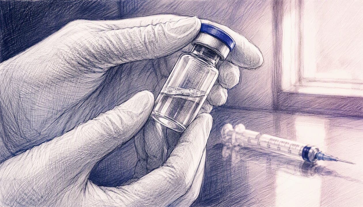Hands gently swirling vial in clinical setting
