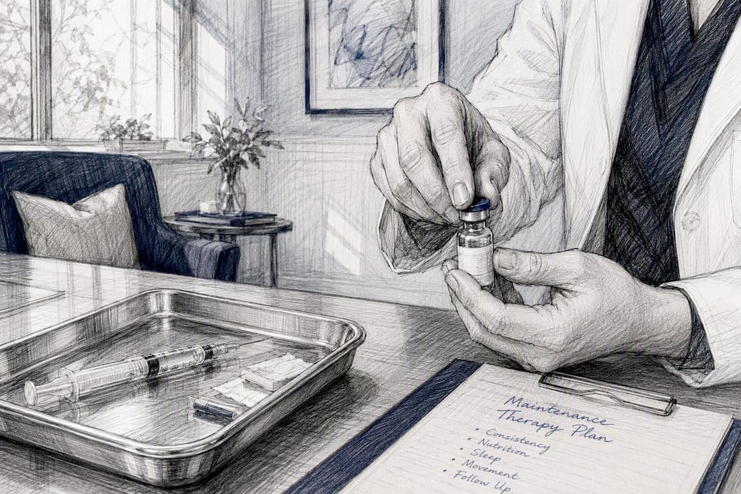 Clinician preparing for peptide maintenance therapy discussion