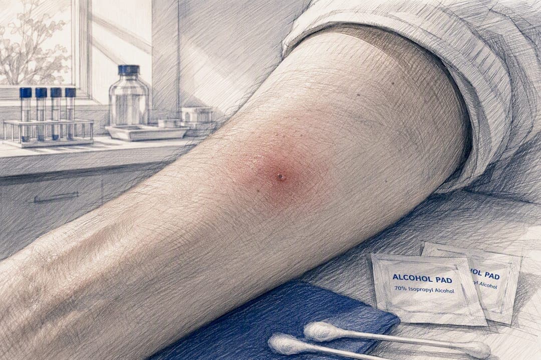 Close-up of injection site irritation on skin