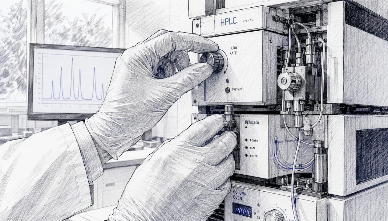Hands operating HPLC instrument