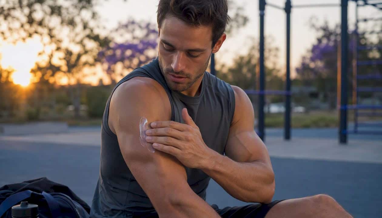 Athlete applying peptide cream on muscle