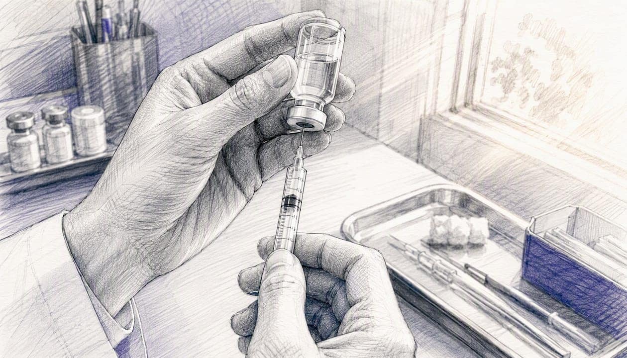 Hands preparing peptide injection dose