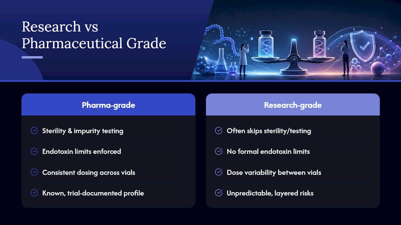 Research-grade versus pharmaceutical-grade: why the side-effect profile isn't the same — overview diagram