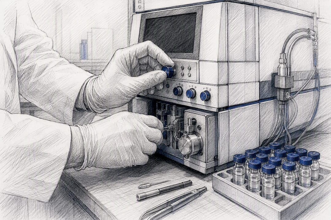 Hands operating HPLC instrument in lab