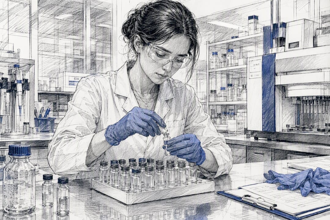 Hands handling clinical trial vials