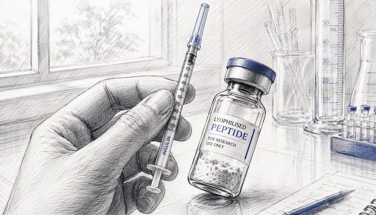 Hand inspecting peptide vial and insulin syringe