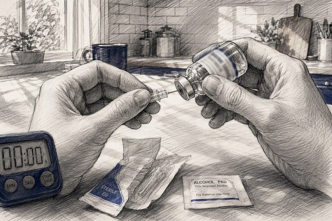Hands switching needle on insulin vial