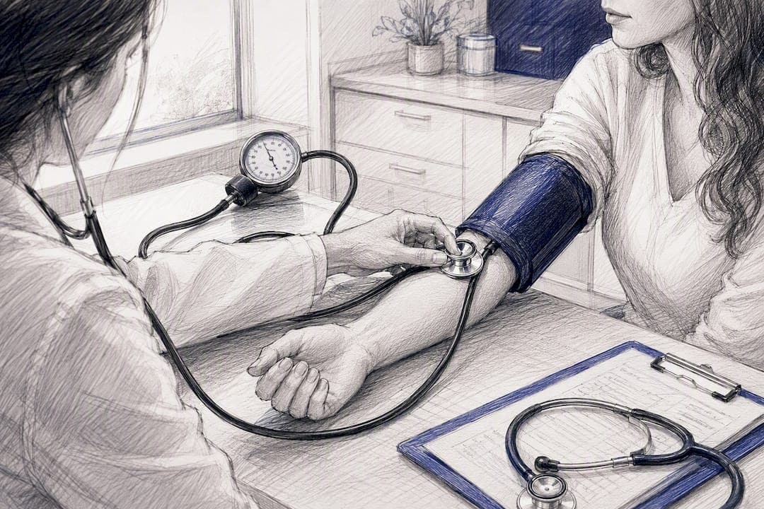 Hands measuring blood pressure with cuff and stethoscope