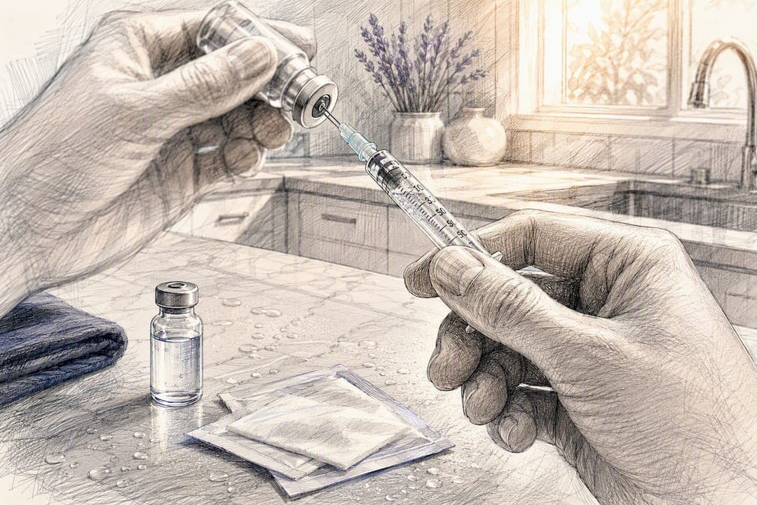 Hands preparing syringe for peptide injection