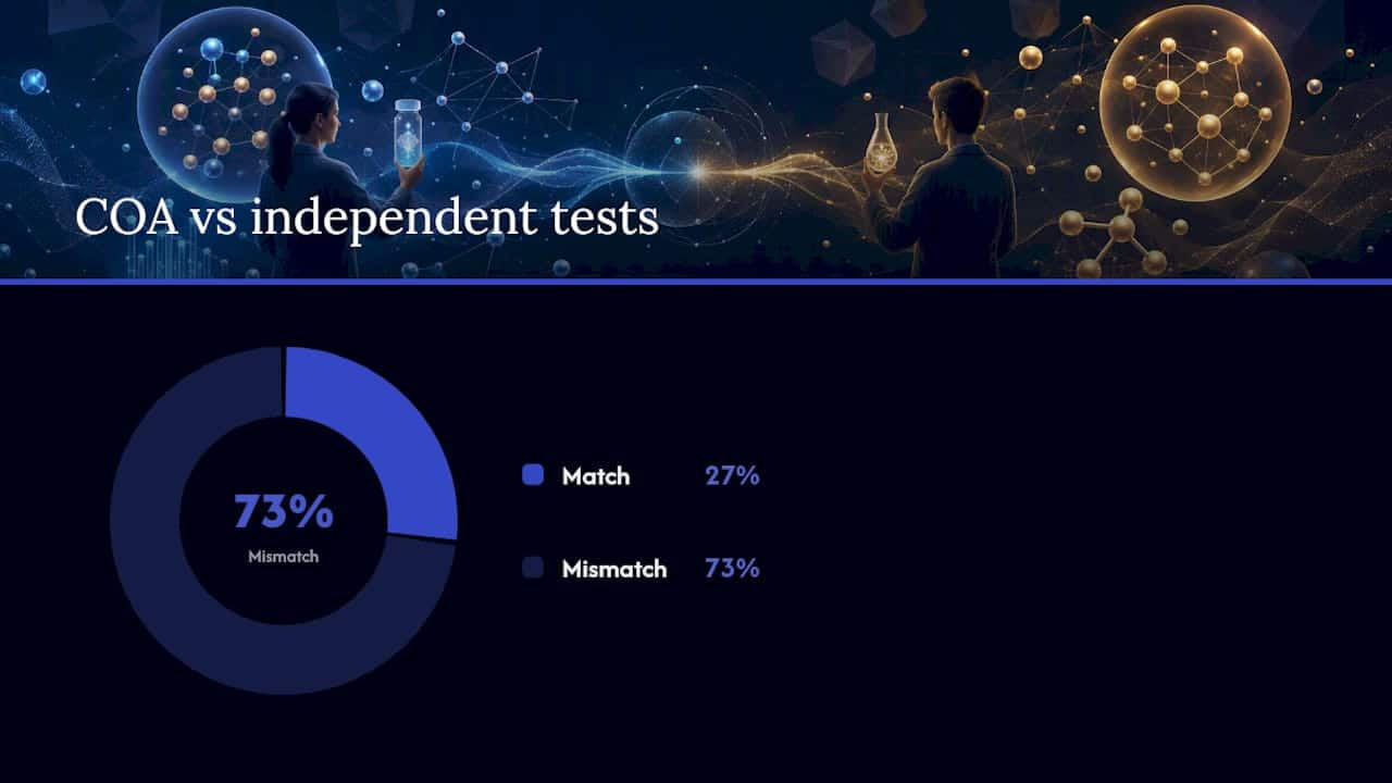 Diagram comparing supplier COA claims versus independent testing results