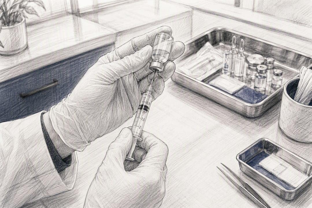 Hands drawing peptide into syringe