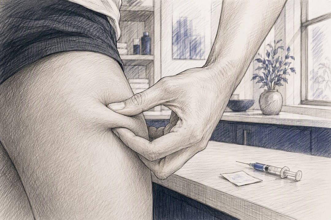 Hand pinching skin fold for injection